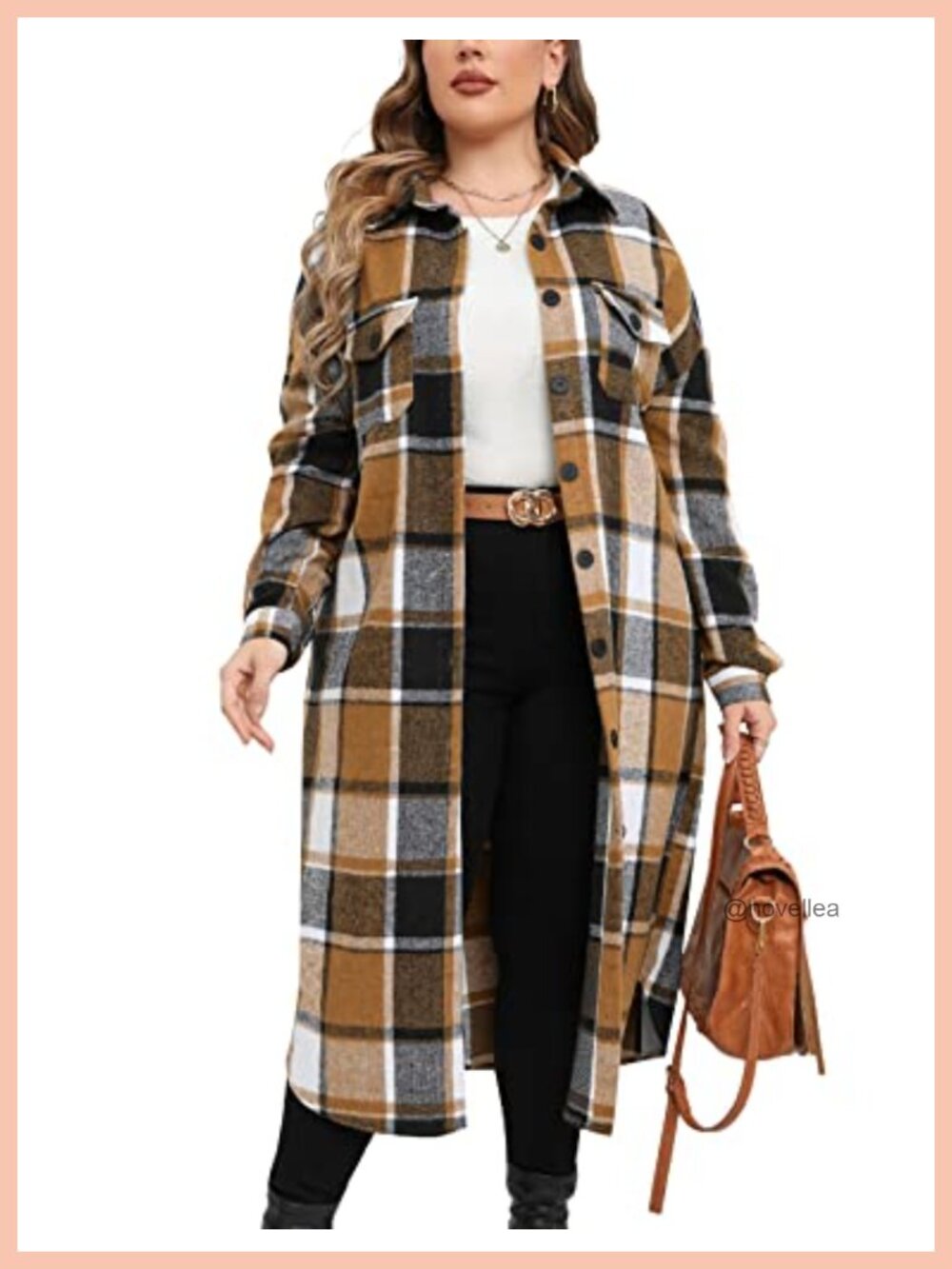Plus Size Long Flannel Plaid Shacket Button Down Coat Pockets